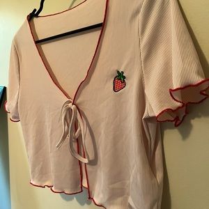 Light pink, strawberry embroidered ROMWE crop top, size Medium